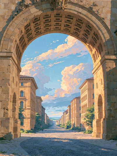 Sunlit Archway Cityscape Illustration Poster. poster