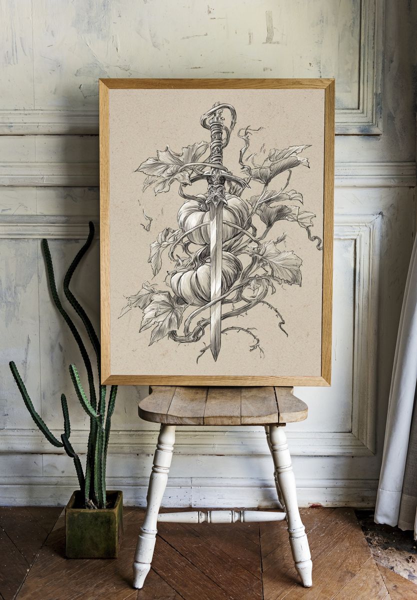 Sword and Pumpkin Botanical Print. — room view 1