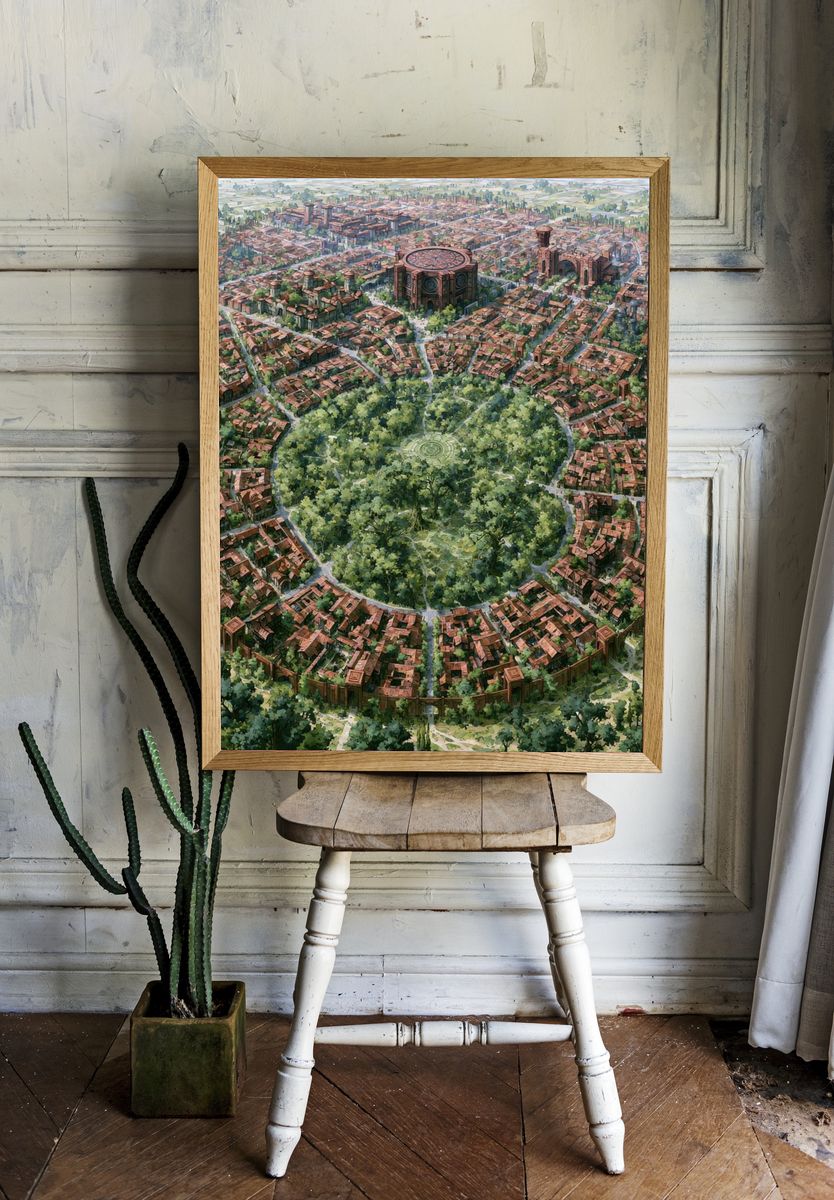 Circular Cityscape Illustration Print. room preview