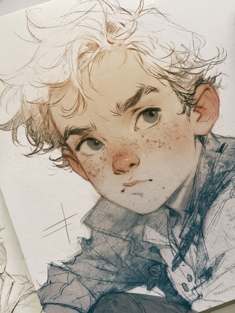 Curly Haired Boy Portrait Print. poster detail