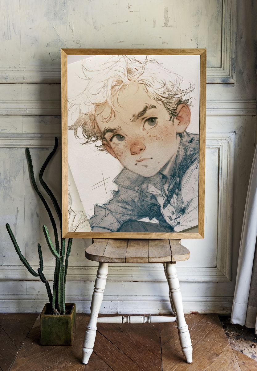 Curly Haired Boy Portrait Print. room preview