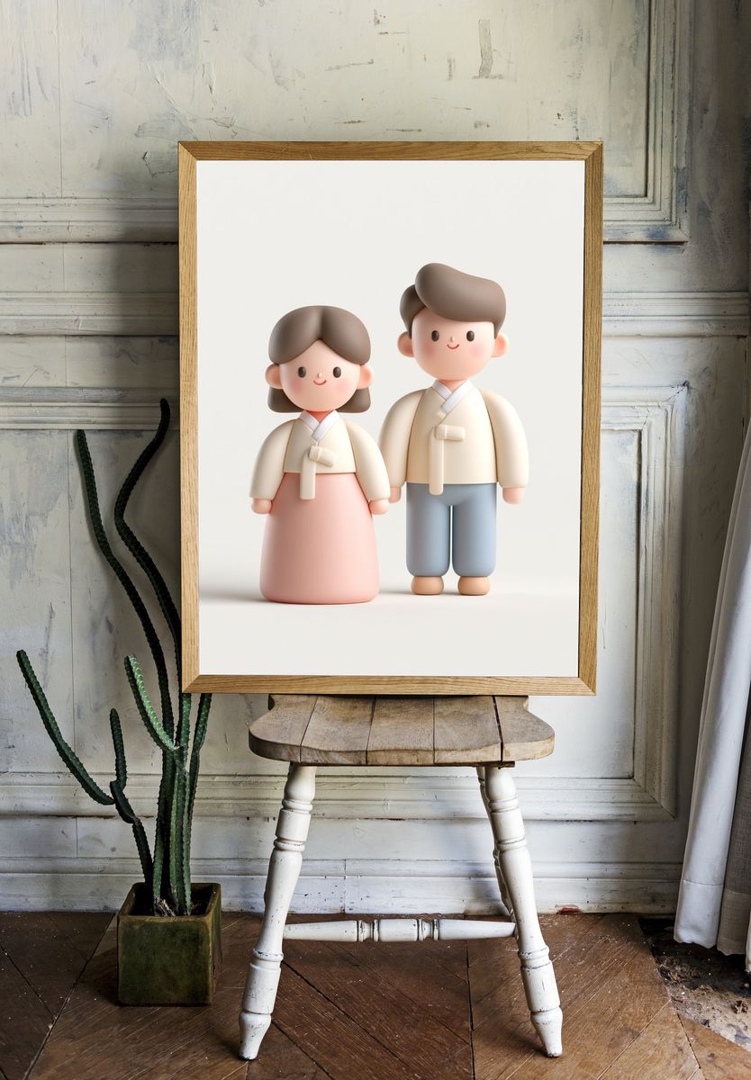 Korean Couple Figurine Illustration Print. room preview