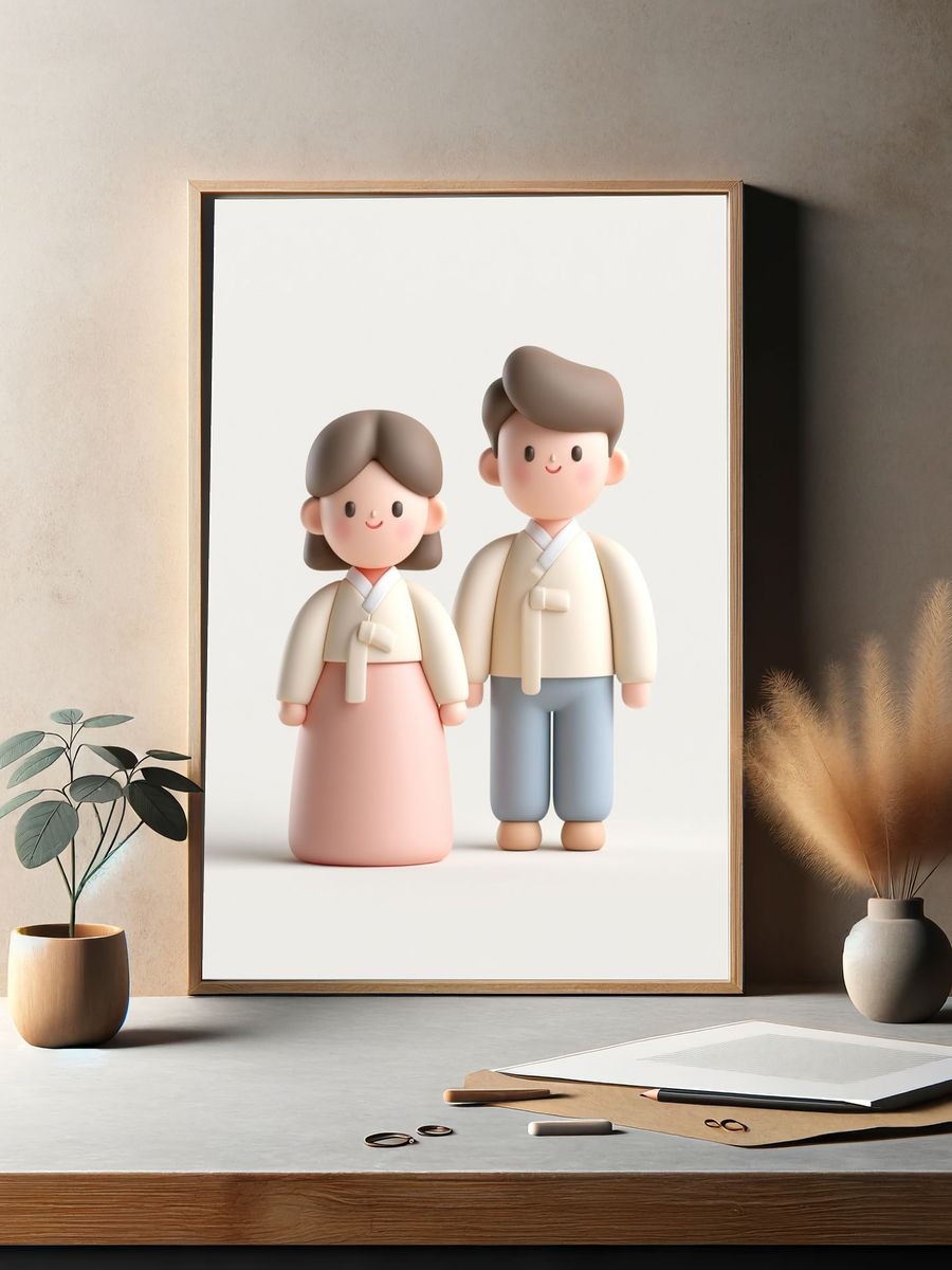 Korean Couple Figurine Illustration Print. — room view 2
