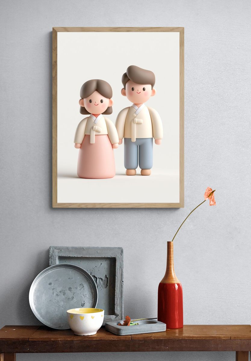 Korean Couple Figurine Illustration Print. — room view 3