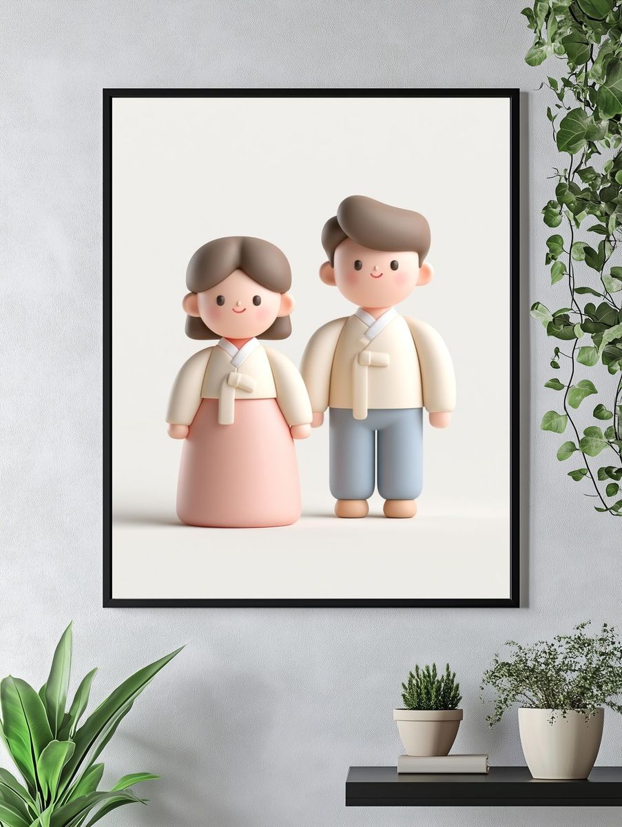 Korean Couple Figurine Illustration Print. — room view 4