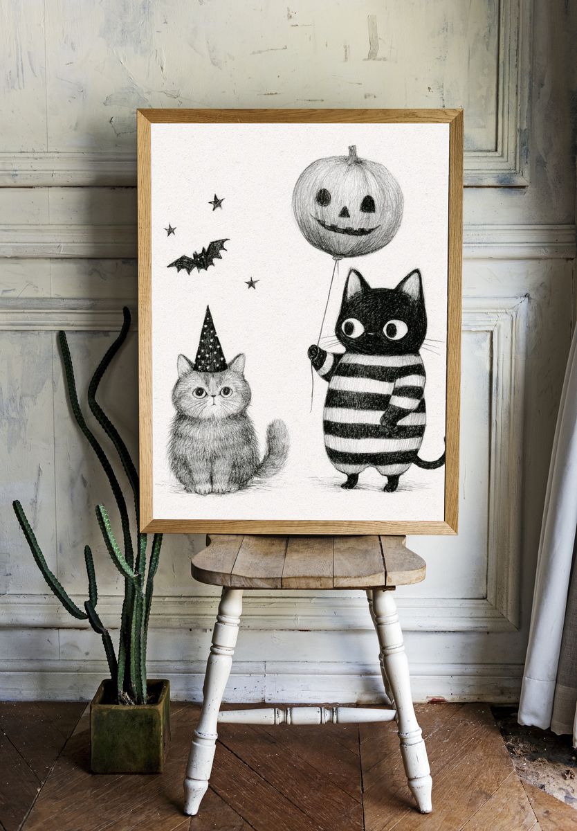 Halloween Cats Illustration Poster. — room view 1