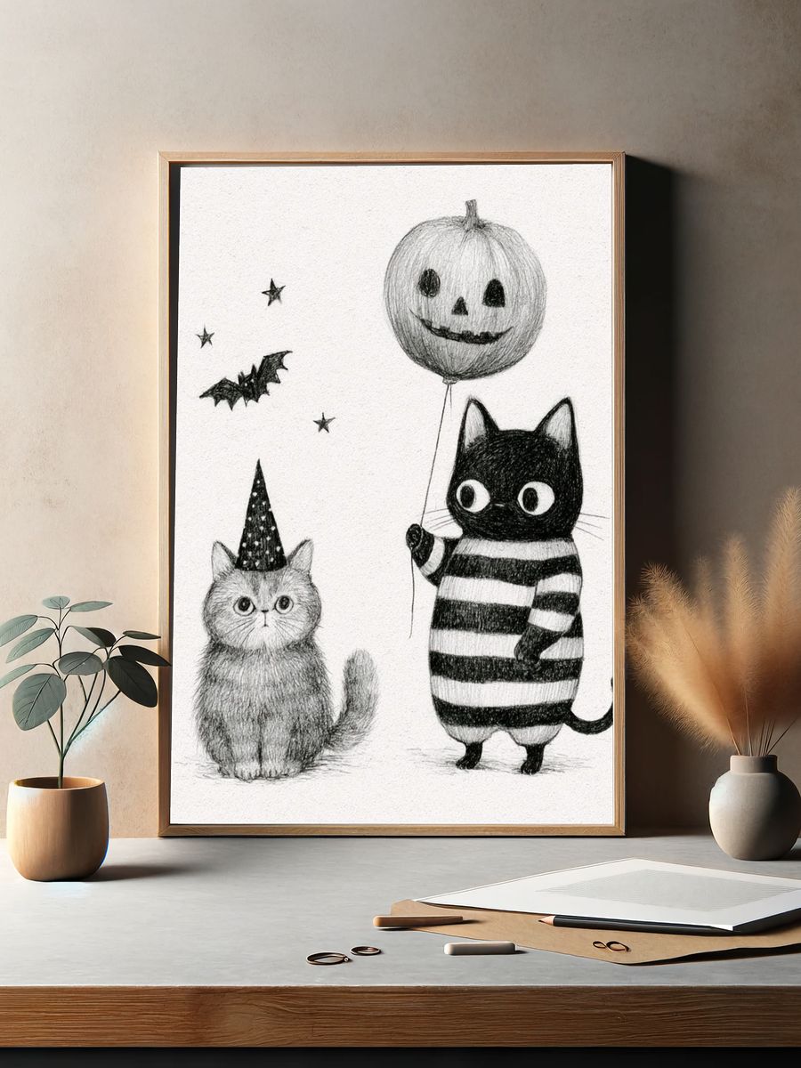 Halloween Cats Illustration Poster. — room view 2