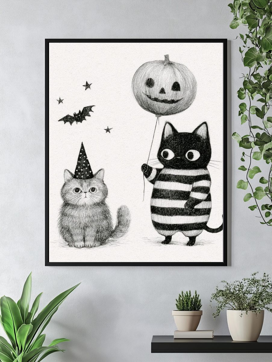 Halloween Cats Illustration Poster. — room view 4