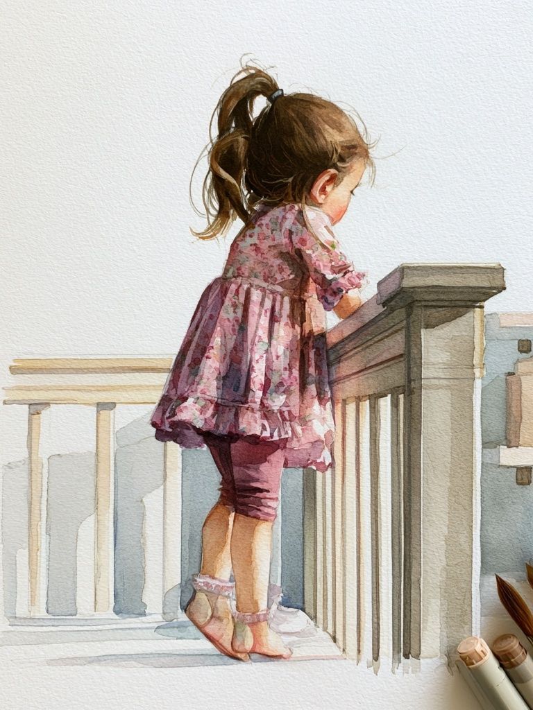 Little Girl on Stairs Watercolor Print. poster — illustration art