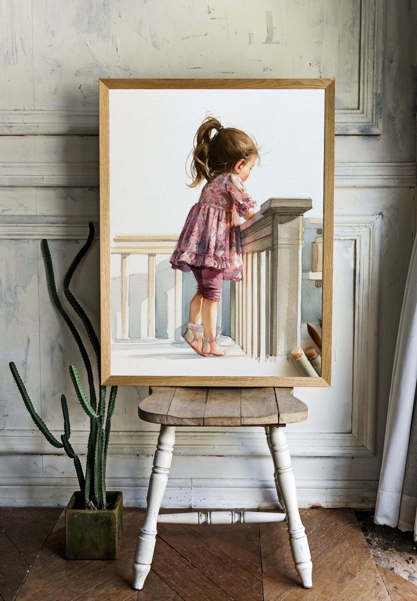 Little Girl on Stairs Watercolor Print. room preview