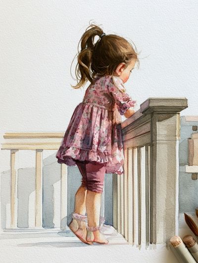 Little Girl on Stairs Watercolor Print. poster print
