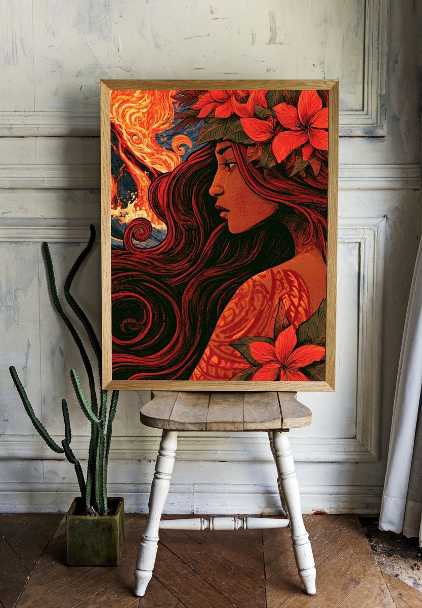 Floral Woman and Fire Illustration Poster. room preview