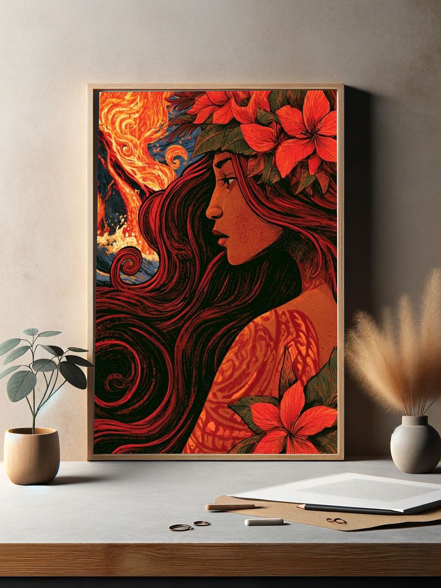 Floral Woman and Fire Illustration Poster. — room view 2
