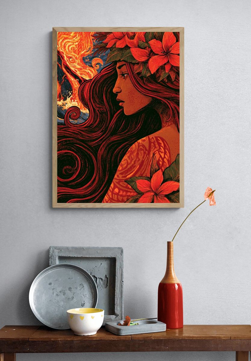 Floral Woman and Fire Illustration Poster. — room view 3