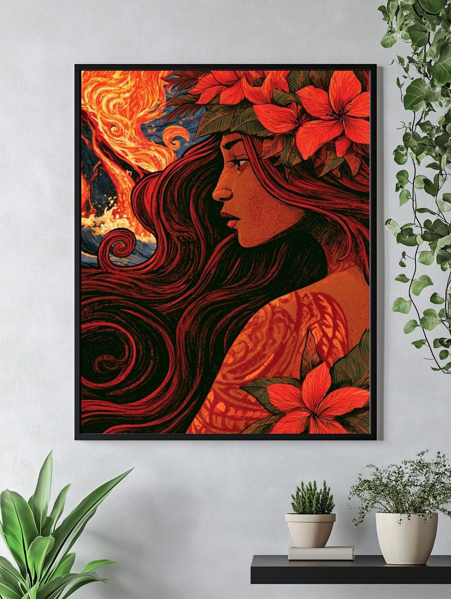 Floral Woman and Fire Illustration Poster. — room view 4