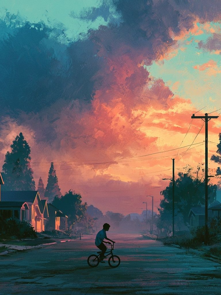 Sunset Street Cyclist Illustration Poster. poster — illustration art