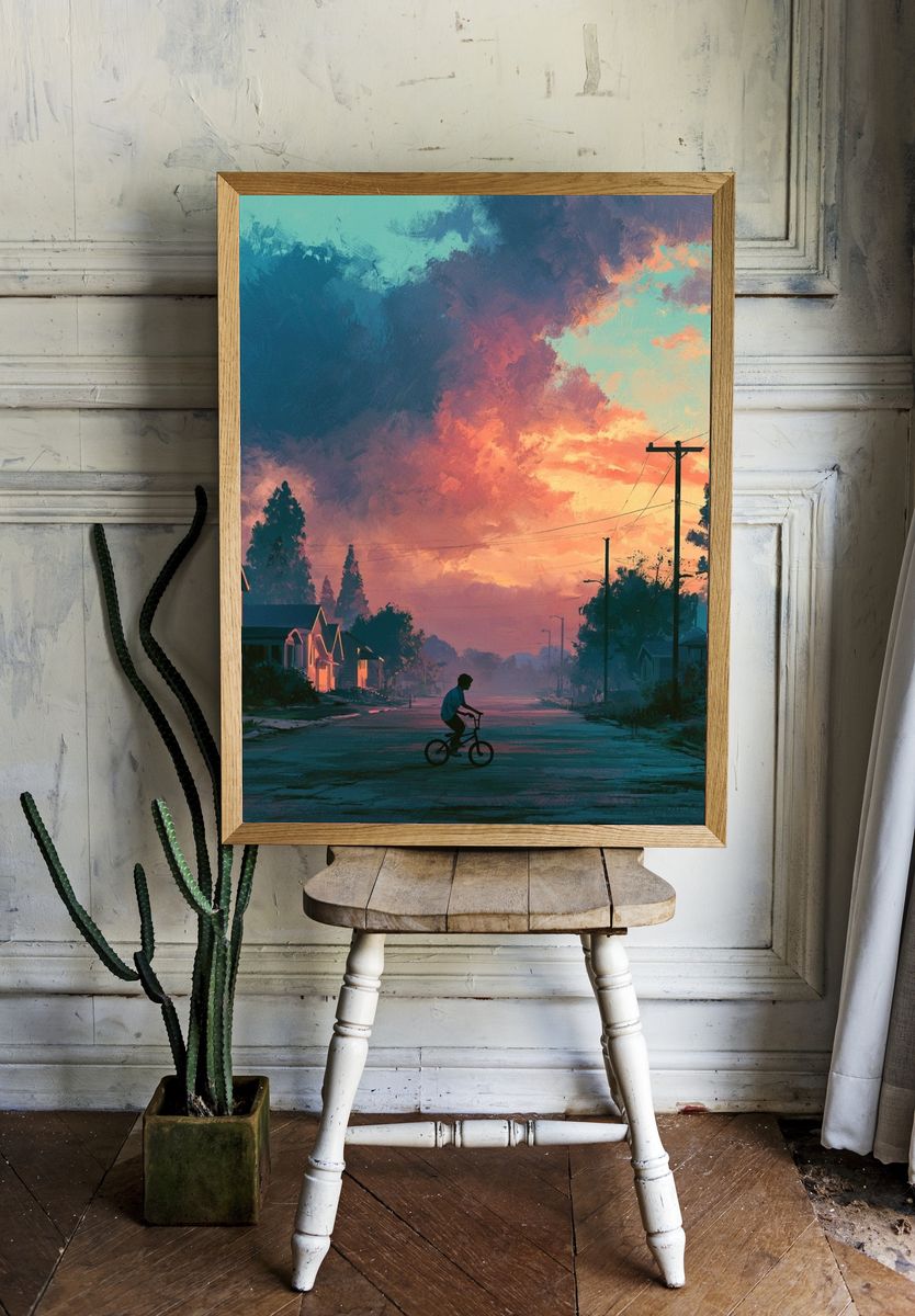 Sunset Street Cyclist Illustration Poster. — room view 1