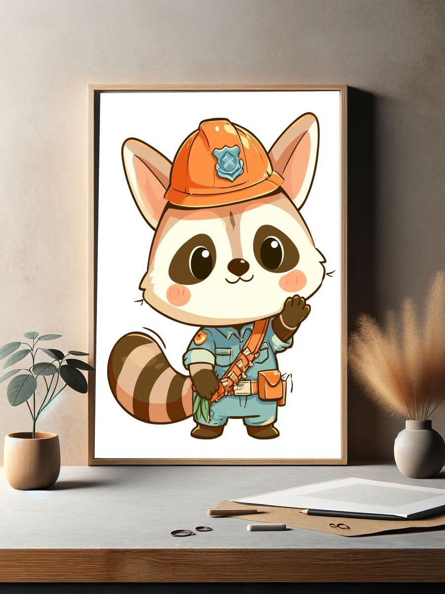 Cute Raccoon Officer Illustration Poster. — room view 2