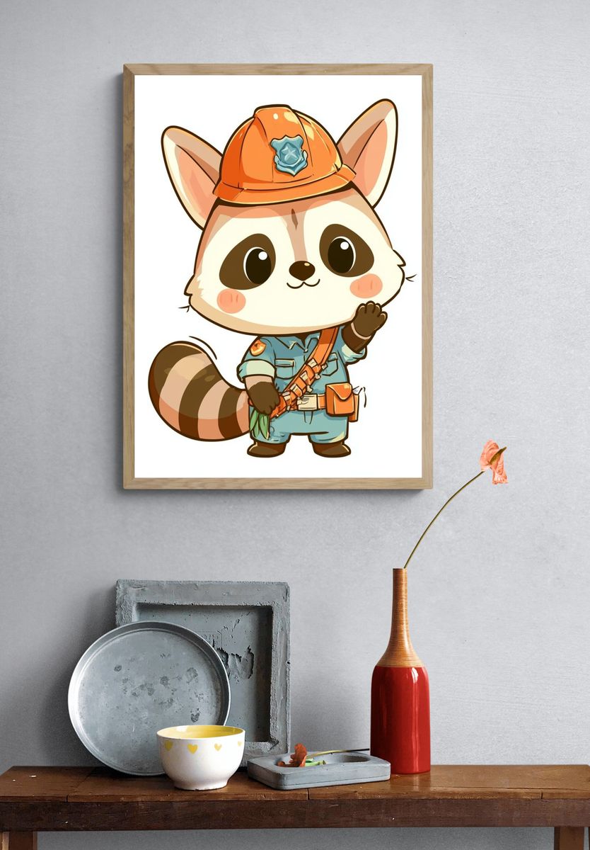 Cute Raccoon Officer Illustration Poster. — room view 3
