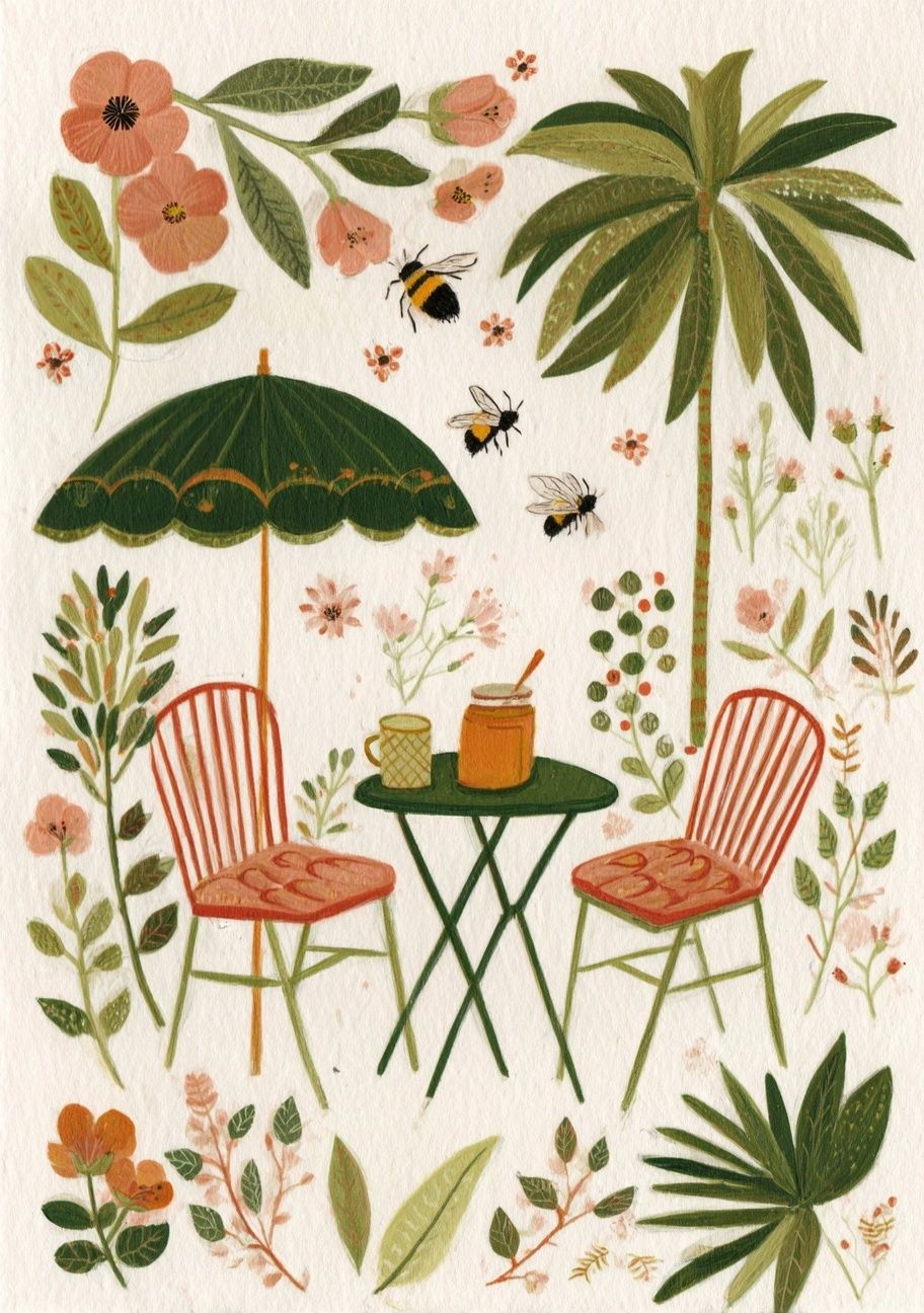 Tropical Garden Café Illustration Poster. poster detail