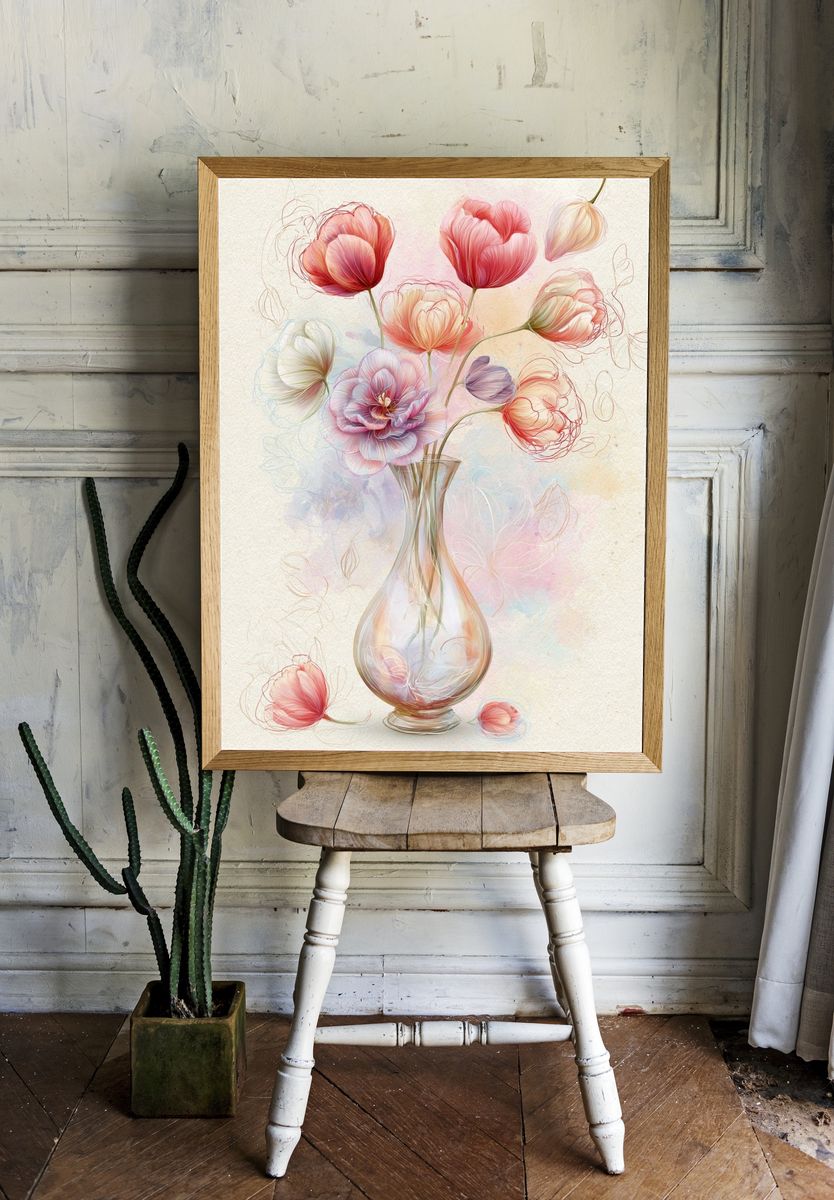 Pastel Tulips in Vase Illustration Poster. room preview