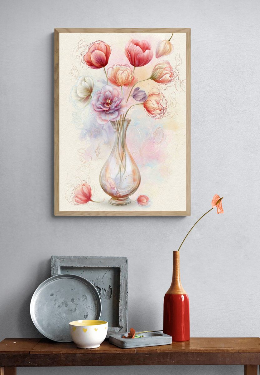 Pastel Tulips in Vase Illustration Poster. — room view 3