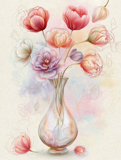 Pastel Tulips in Vase Illustration Poster. poster