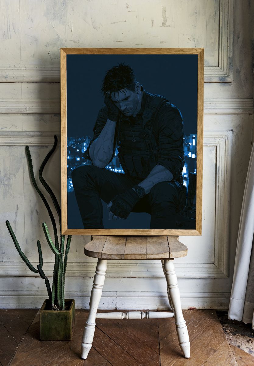 Brooding Tactical Hero Illustration Poster. room preview