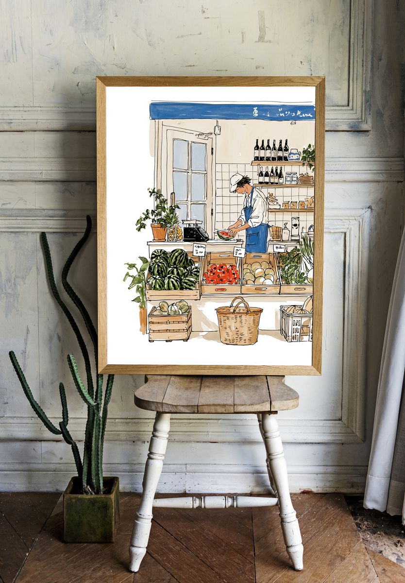 Farmers Market Watercolor Illustration Poster. — room view 1
