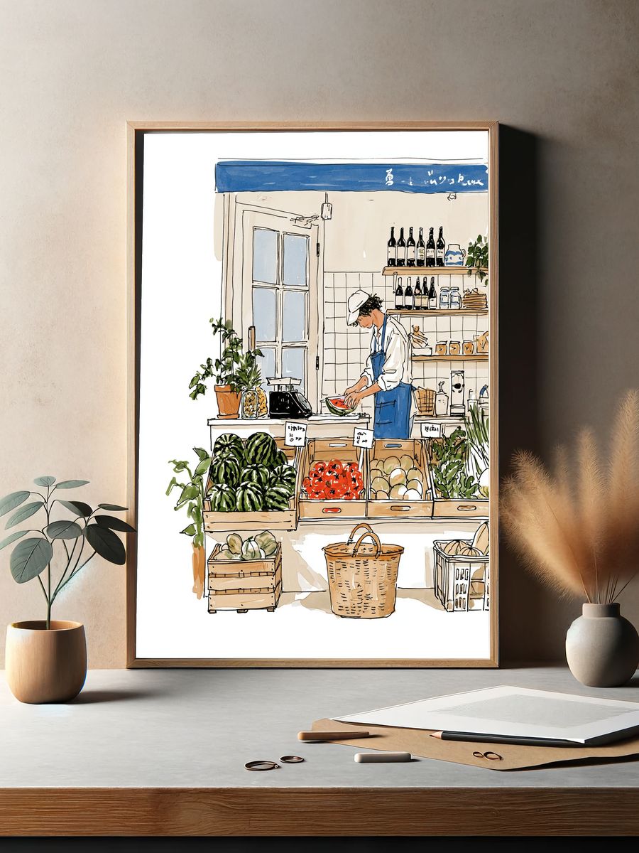 Farmers Market Watercolor Illustration Poster. — room view 2