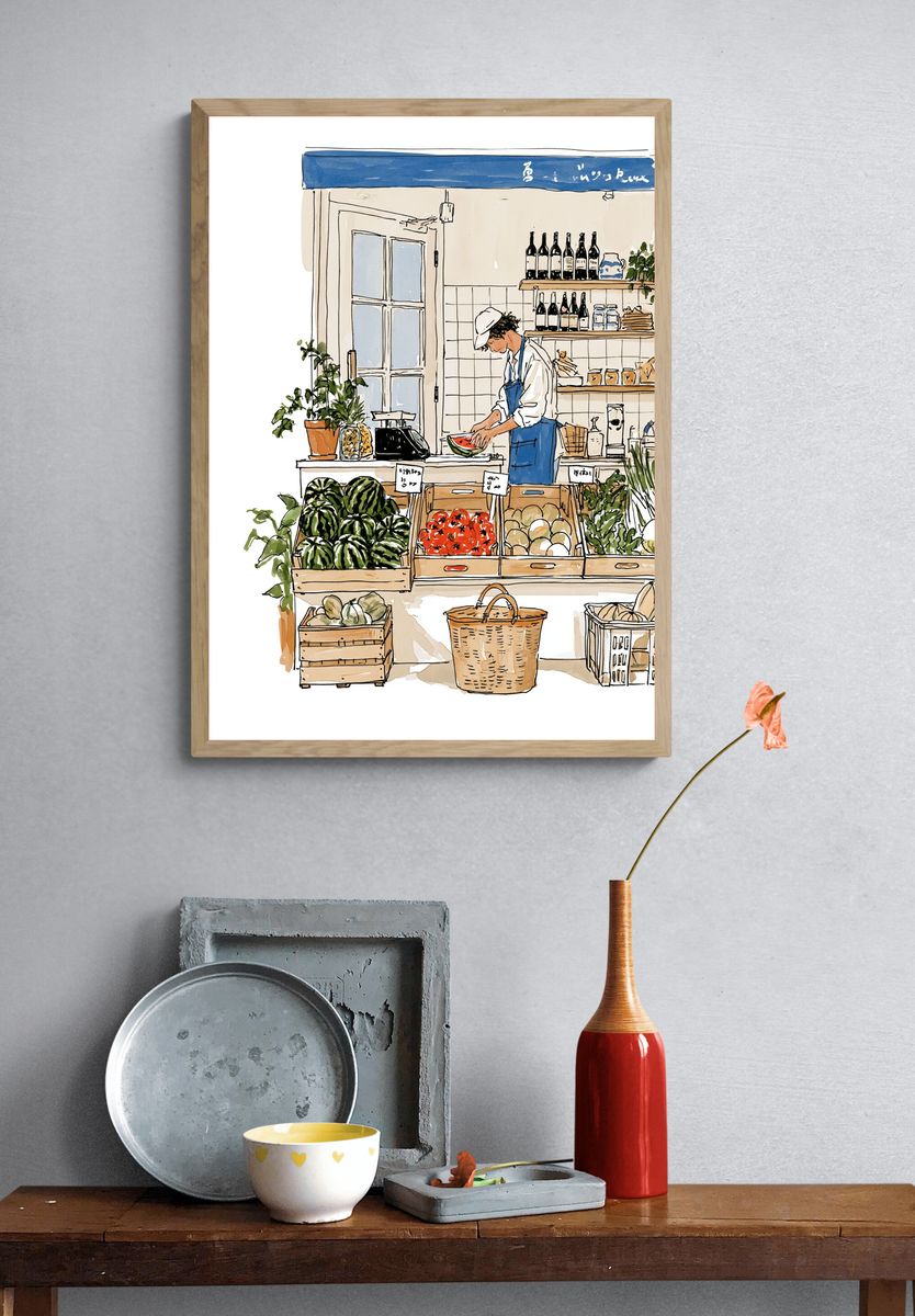 Farmers Market Watercolor Illustration Poster. — room view 3
