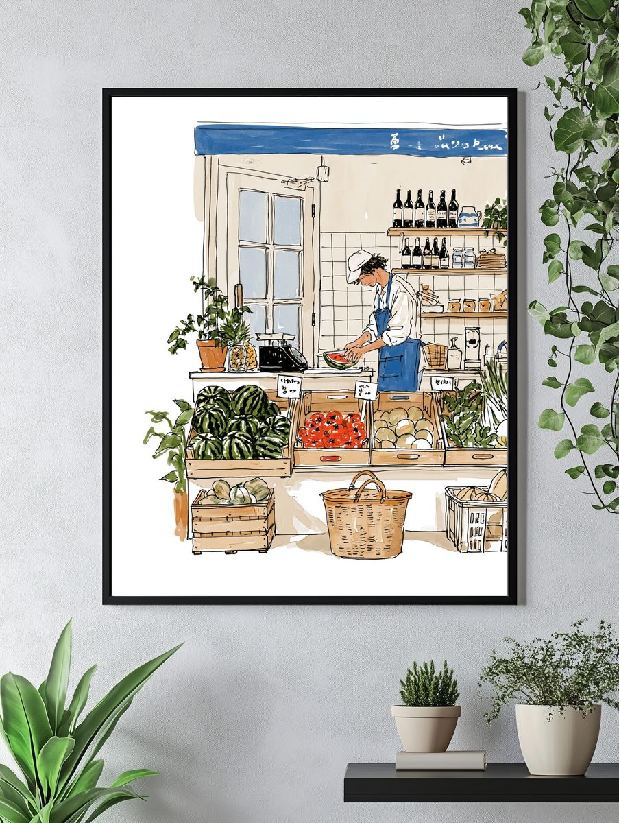 Farmers Market Watercolor Illustration Poster. — room view 4