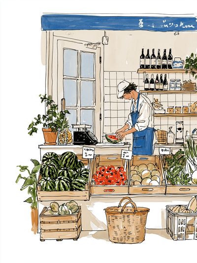 Farmers Market Watercolor Illustration Poster. poster