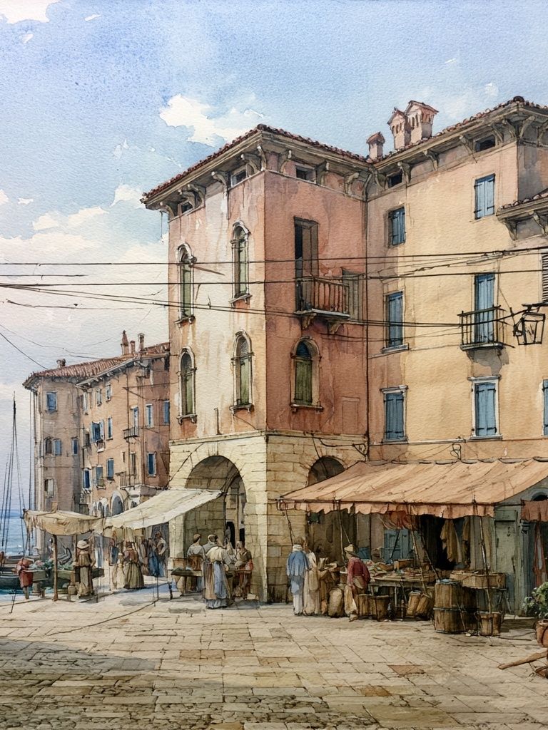 Mediterranean Harbor Watercolor Poster. poster detail