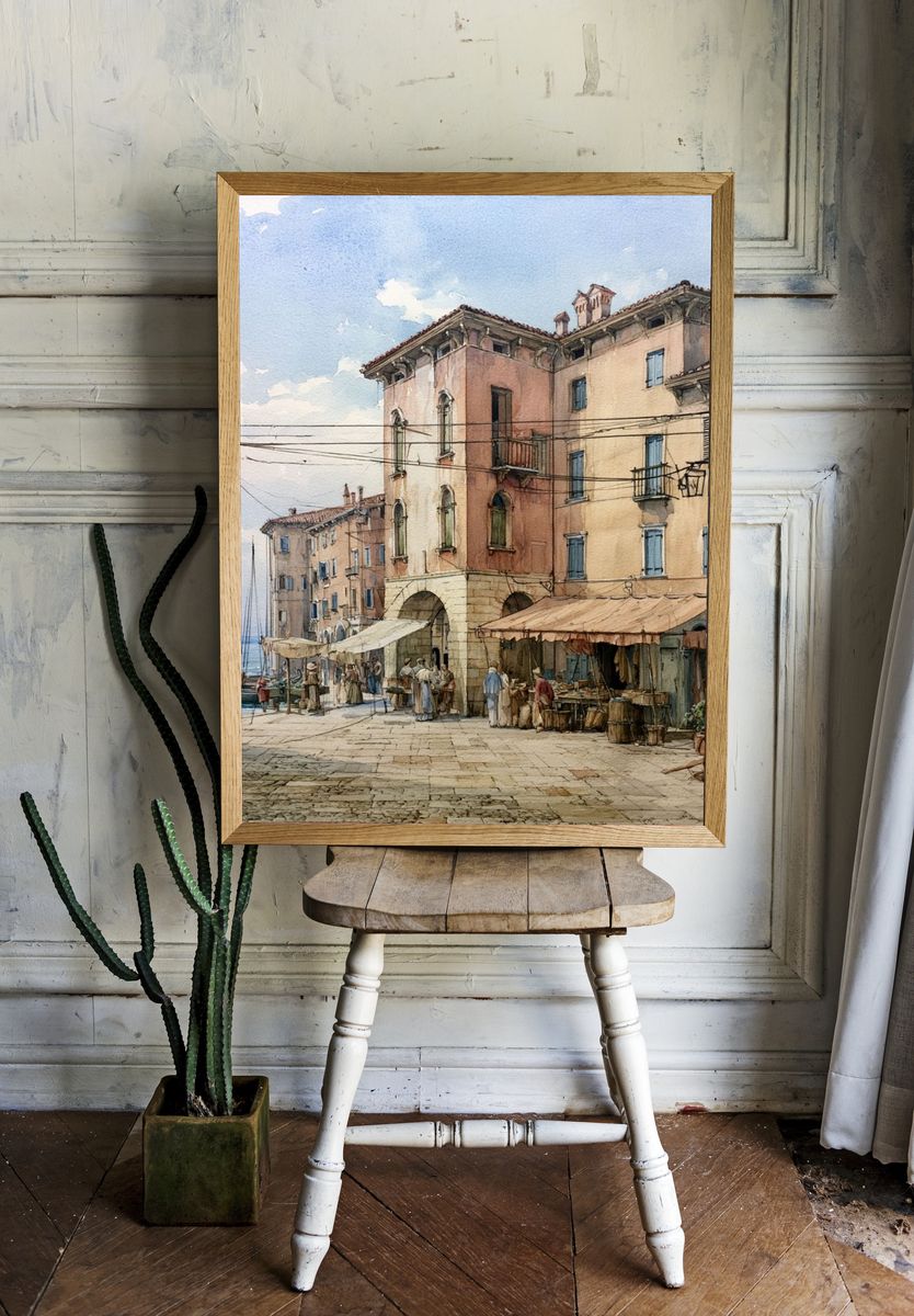 Mediterranean Harbor Watercolor Poster. room preview