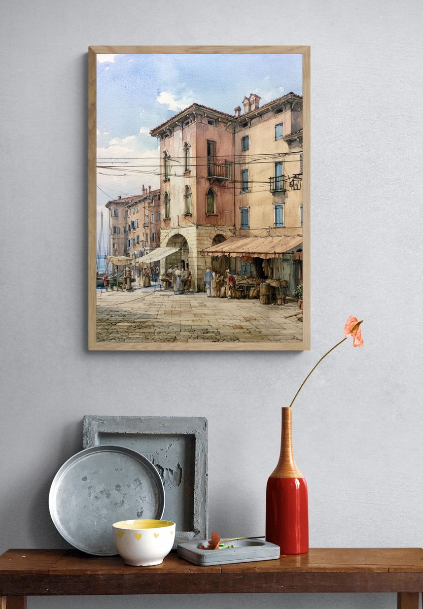 Mediterranean Harbor Watercolor Poster. — room view 3