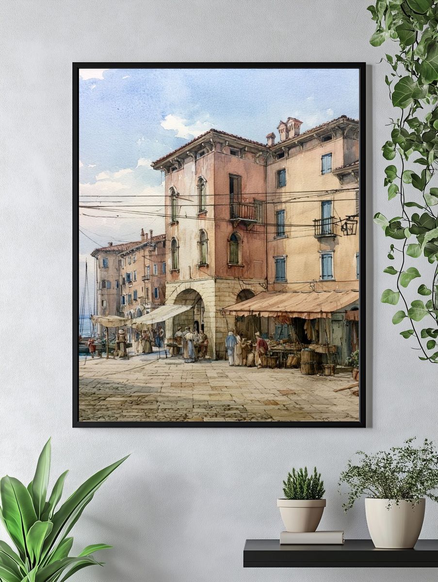 Mediterranean Harbor Watercolor Poster. — room view 4