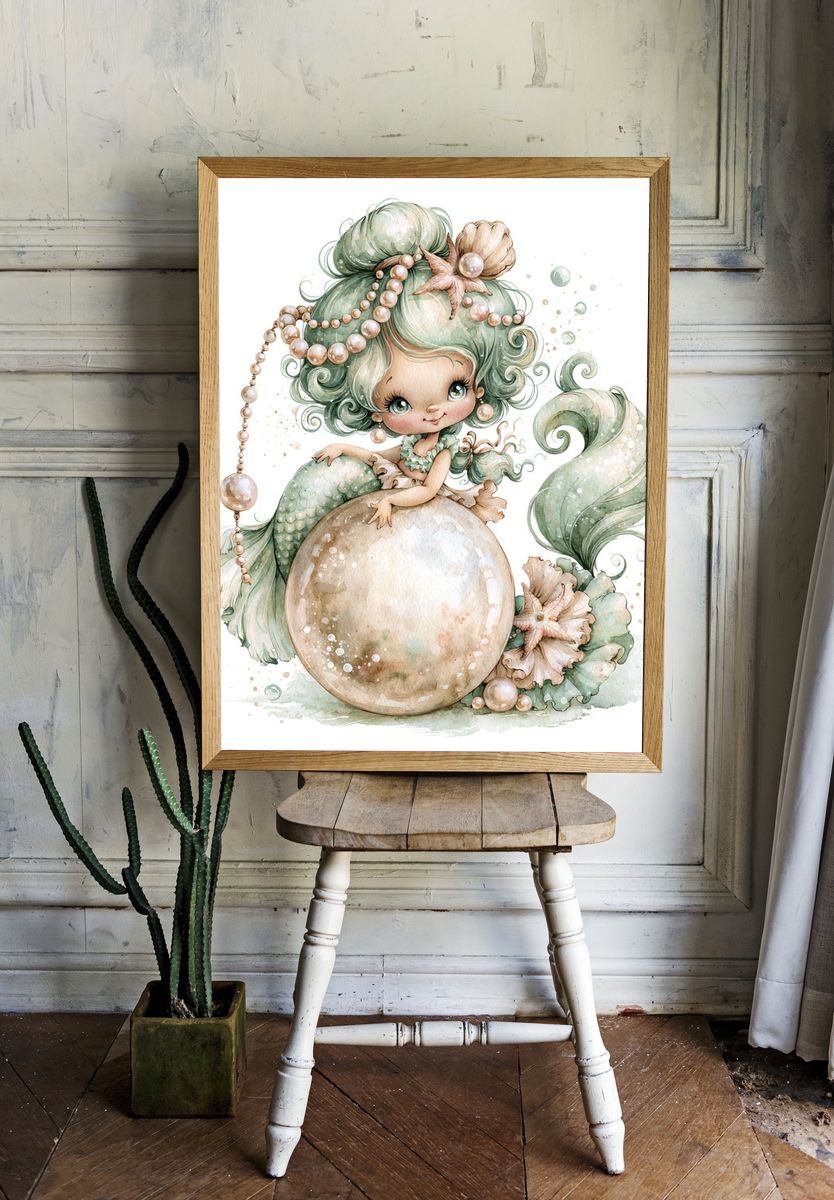 Mermaid Pearl Fantasy Illustration Poster. room preview