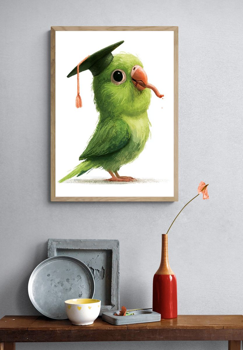 Graduation Parrot Watercolor Poster. — room view 3