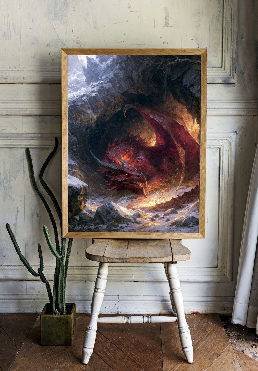 Fire Dragon in Snowy Cave Print. room preview