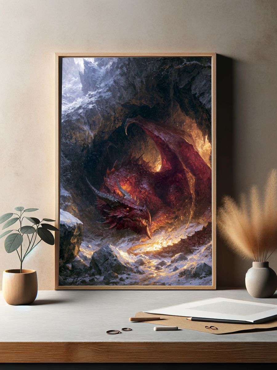 Fire Dragon in Snowy Cave Print. — room view 2
