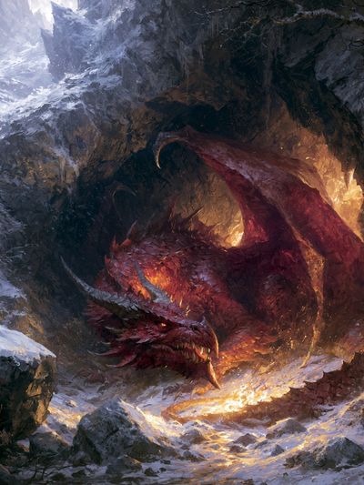 Fire Dragon in Snowy Cave Print. poster