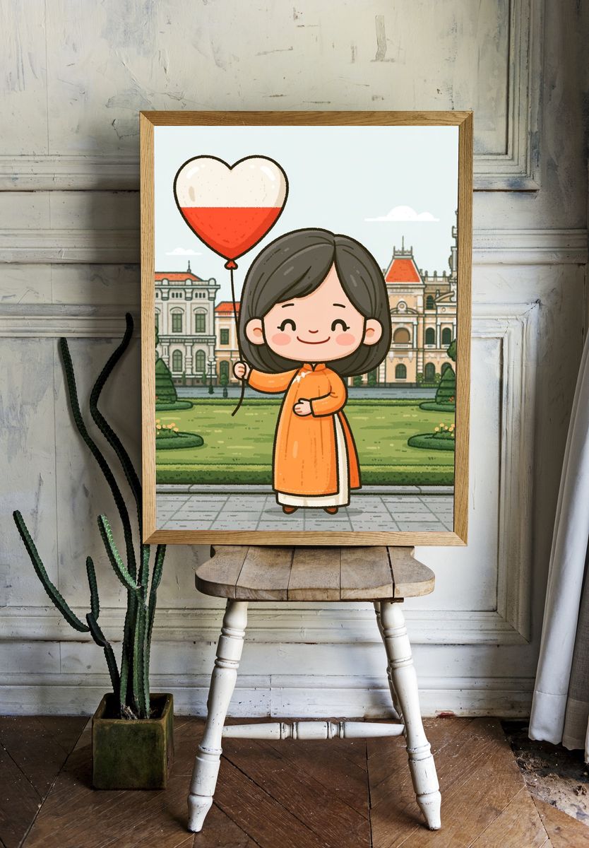 Hanoi Girl with Heart Balloon Print. room preview
