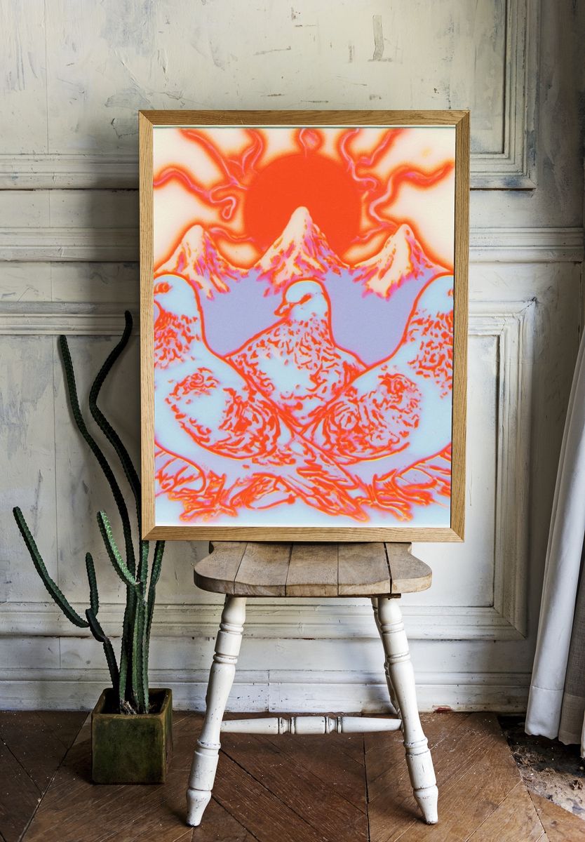 Pigeons and Sun Surreal Poster. — room view 1