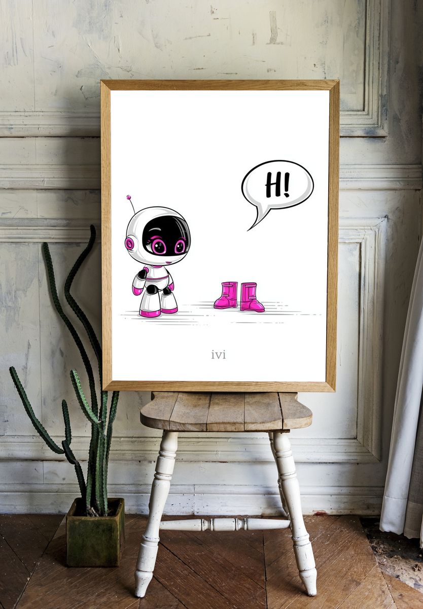 Cute Robot Hello Illustration Poster. — room view 1