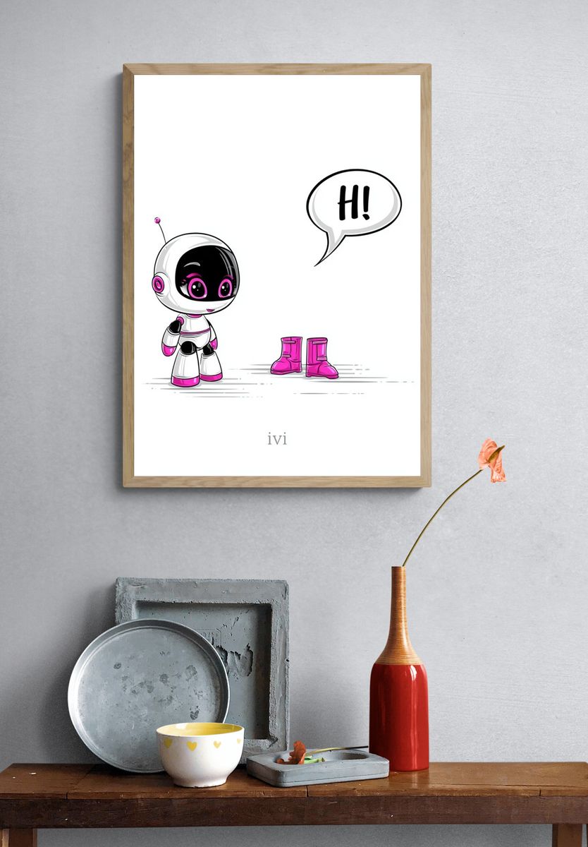 Cute Robot Hello Illustration Poster. — room view 3