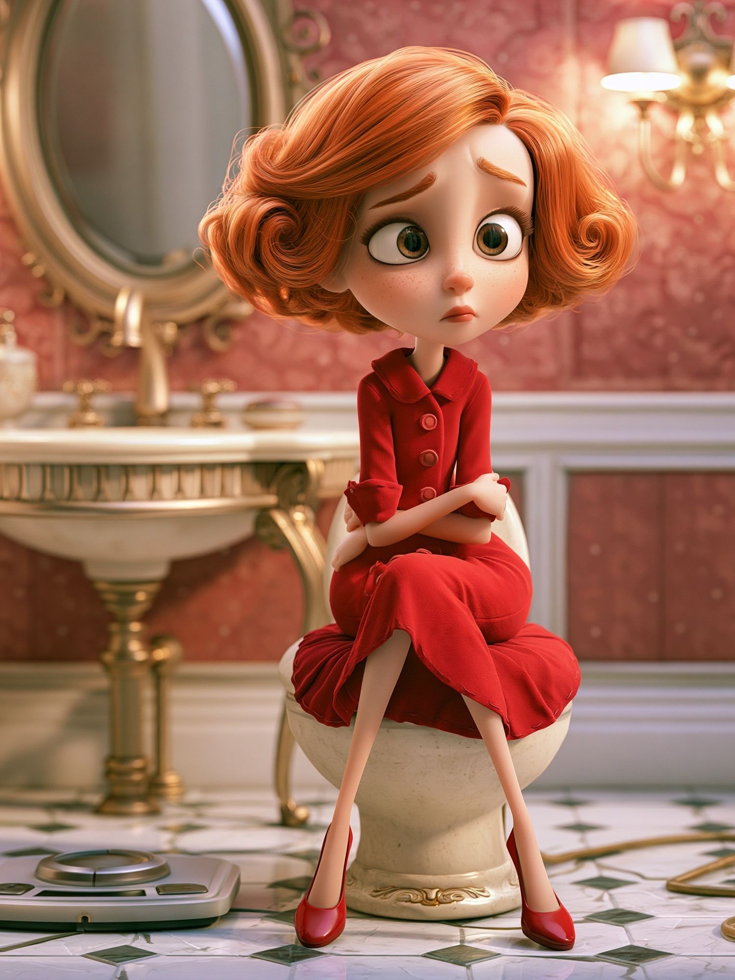Red-Haired Girl in Bathroom Illustration Poster. poster detail
