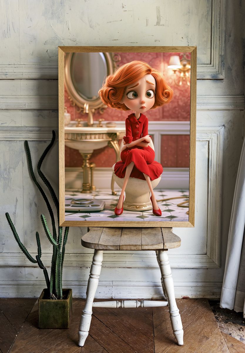 Red-Haired Girl in Bathroom Illustration Poster. — room view 1