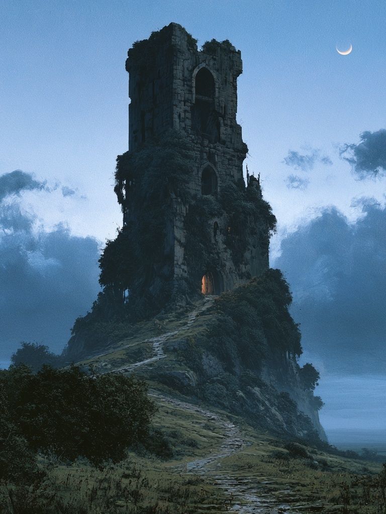 Moonlit Ruin Tower — Fantasy Print. poster — illustration art