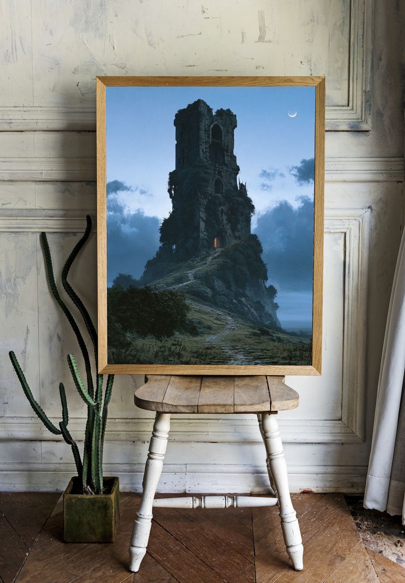 Moonlit Ruin Tower — Fantasy Print. room preview
